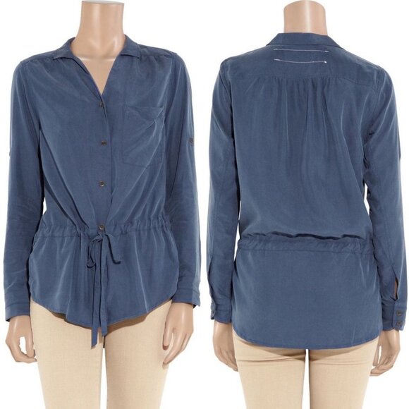 Rag & Bone Sullivan Tunic Shirt Navy Blue‎ Modal Collared Tie Front Size Small S - Picture 3 of 12